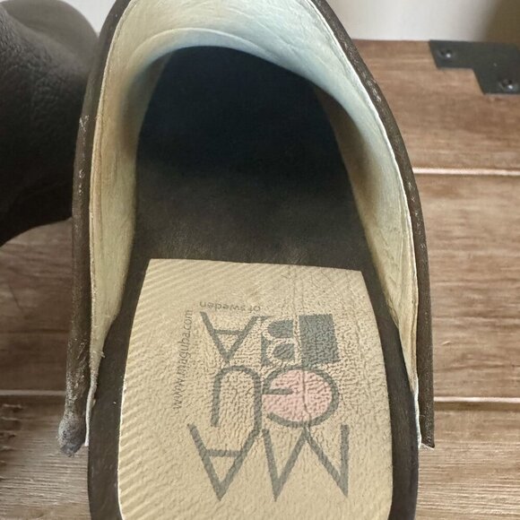 Maguba Stockholm Olive Green Genuine Leather Dark Wood Heeled Mule Clog Size 6 - Picture 11 of 15